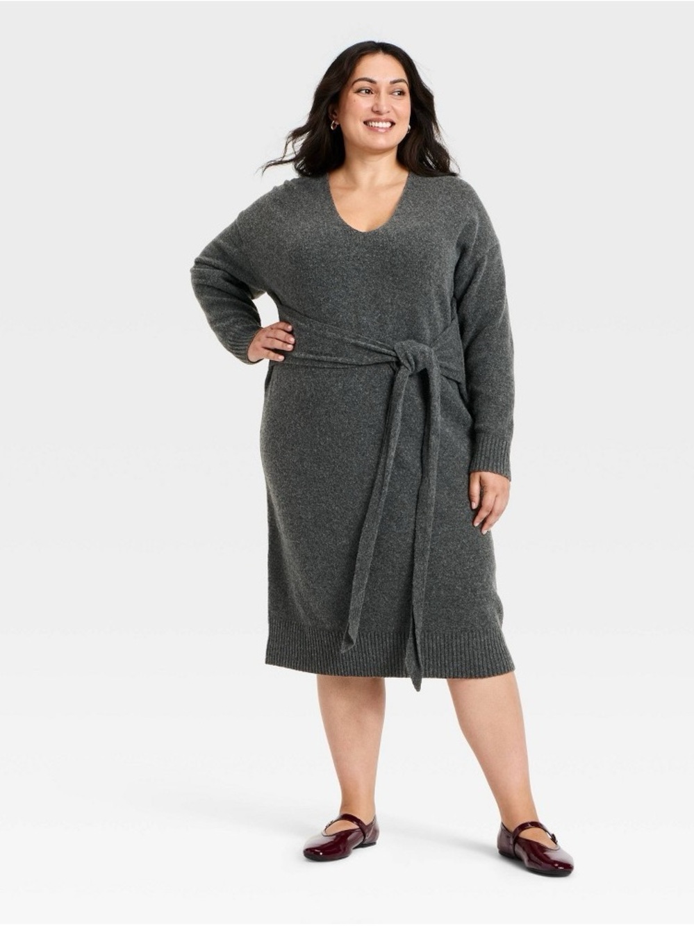 Ava & Viv Charcoal Gray Knit V-Neck Tie-Waist Midi Dress b83s